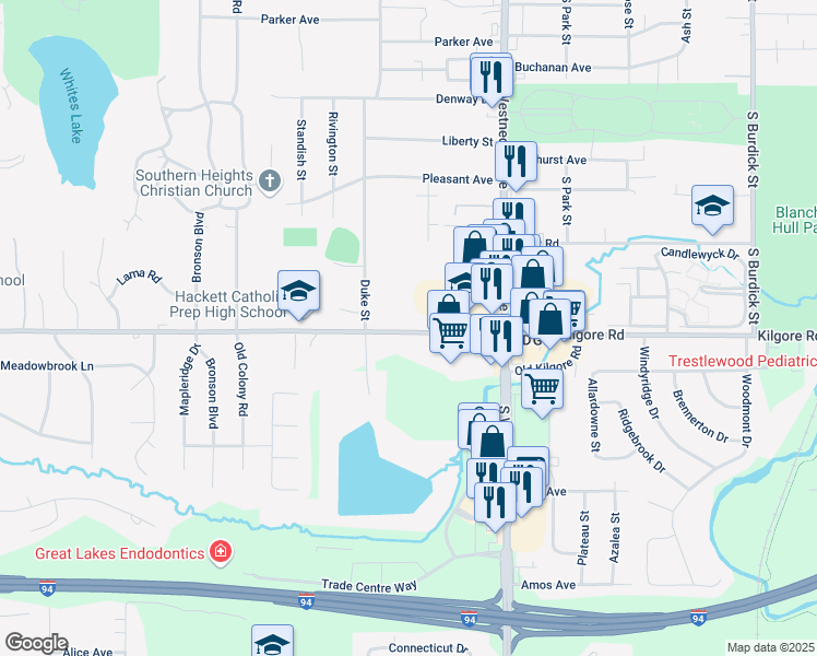 map of restaurants, bars, coffee shops, grocery stores, and more near 734 West Kilgore Road in Portage