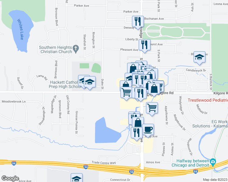 map of restaurants, bars, coffee shops, grocery stores, and more near 734 West Kilgore Road in Portage