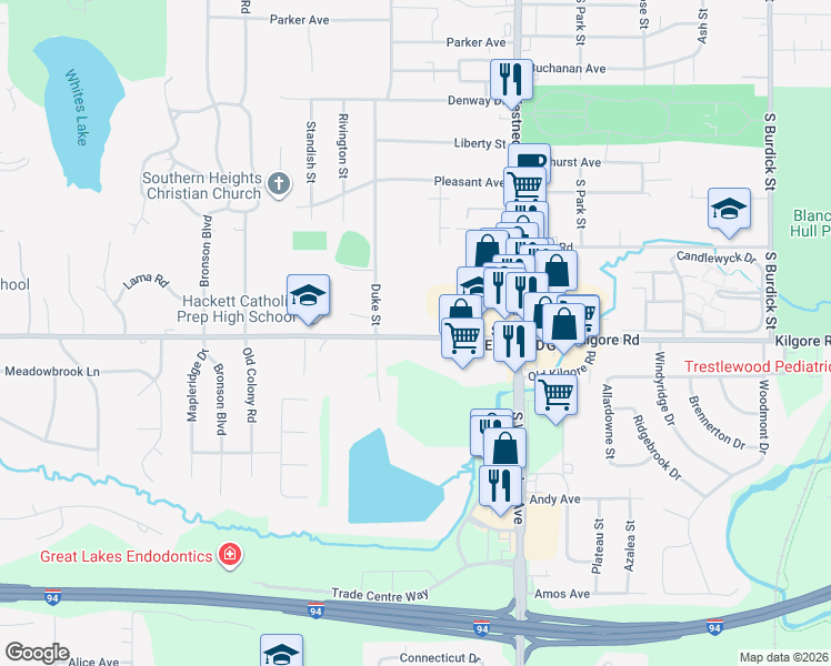 map of restaurants, bars, coffee shops, grocery stores, and more near 734 West Kilgore Road in Portage