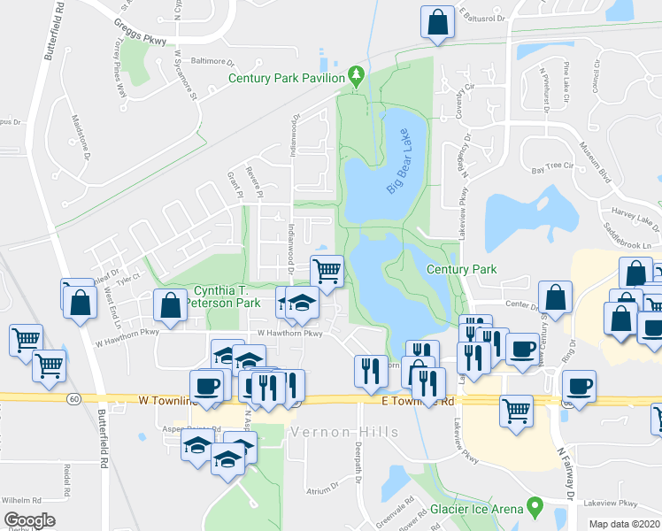 map of restaurants, bars, coffee shops, grocery stores, and more near 6 Crestview Lane in Vernon Hills