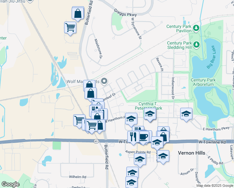 map of restaurants, bars, coffee shops, grocery stores, and more near 1101 Tennyson Place in Vernon Hills