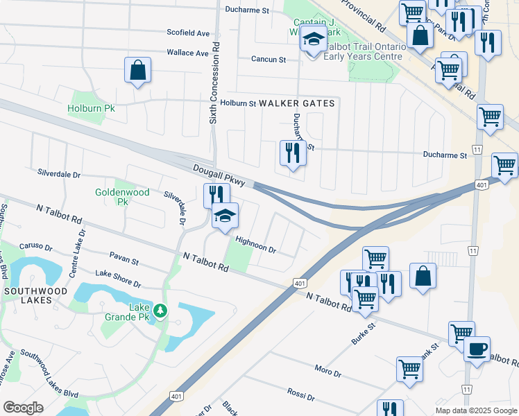 map of restaurants, bars, coffee shops, grocery stores, and more near Stagecoach Avenue in Windsor