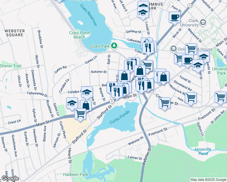 map of restaurants, bars, coffee shops, grocery stores, and more near 4 West Lake Street in Worcester