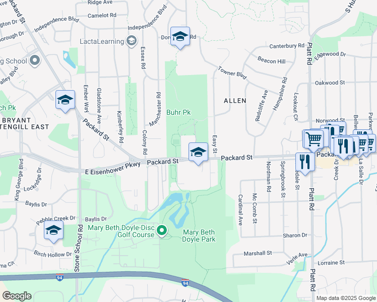 map of restaurants, bars, coffee shops, grocery stores, and more near 2781 Packard Road in Ann Arbor