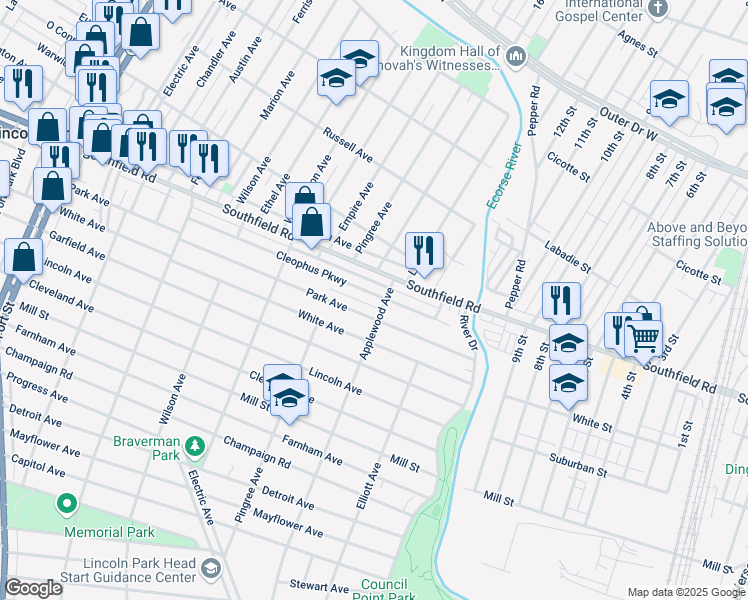 map of restaurants, bars, coffee shops, grocery stores, and more near 650 Cleophus Parkway in Lincoln Park