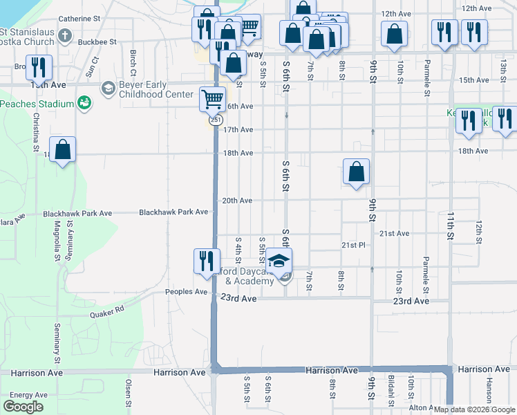 map of restaurants, bars, coffee shops, grocery stores, and more near 2024 South 5th Street in Rockford