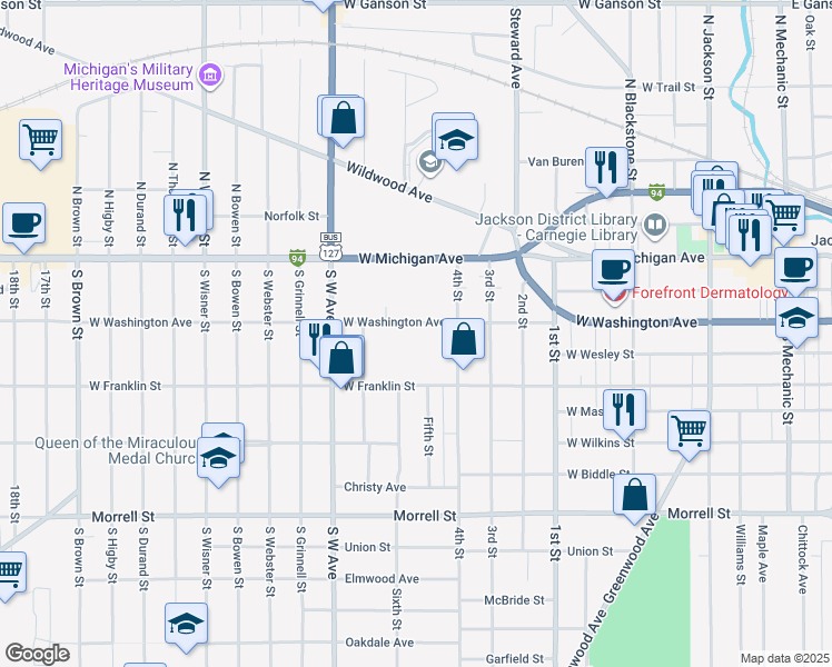 map of restaurants, bars, coffee shops, grocery stores, and more near 723 West Washington Avenue in Jackson