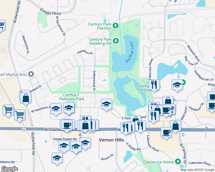 map of restaurants, bars, coffee shops, grocery stores, and more near 6 Crestview Lane in Vernon Hills