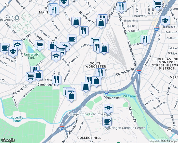 map of restaurants, bars, coffee shops, grocery stores, and more near 17 Princeton Street in Worcester