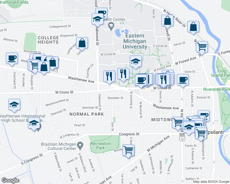 map of restaurants, bars, coffee shops, grocery stores, and more near 923 West Cross Street in Ypsilanti