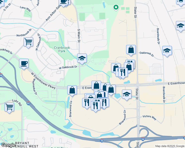 map of restaurants, bars, coffee shops, grocery stores, and more near 250 Briarcrest Drive in Ann Arbor
