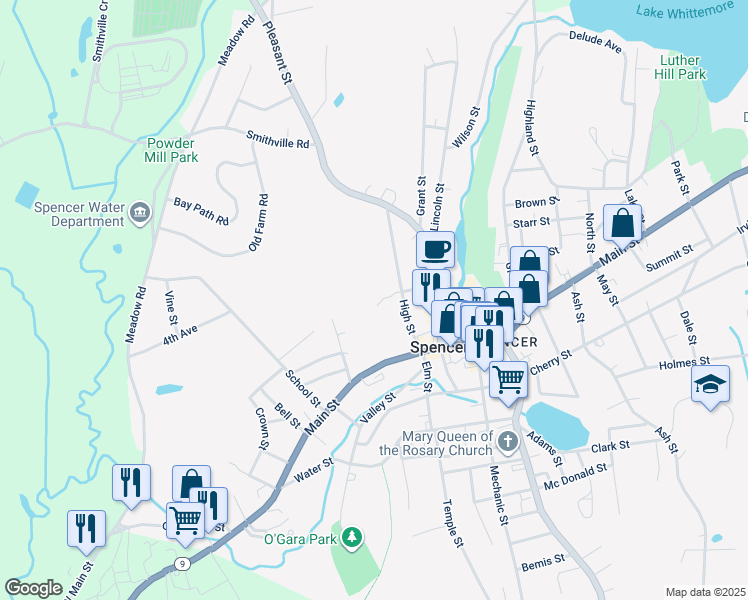 map of restaurants, bars, coffee shops, grocery stores, and more near 25 1/2 High Street in Spencer