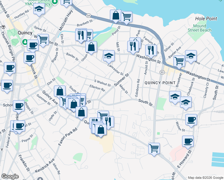 map of restaurants, bars, coffee shops, grocery stores, and more near 148 South Walnut Street in Quincy