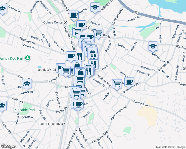 map of restaurants, bars, coffee shops, grocery stores, and more near 1601-1621 Hancock Street in Quincy