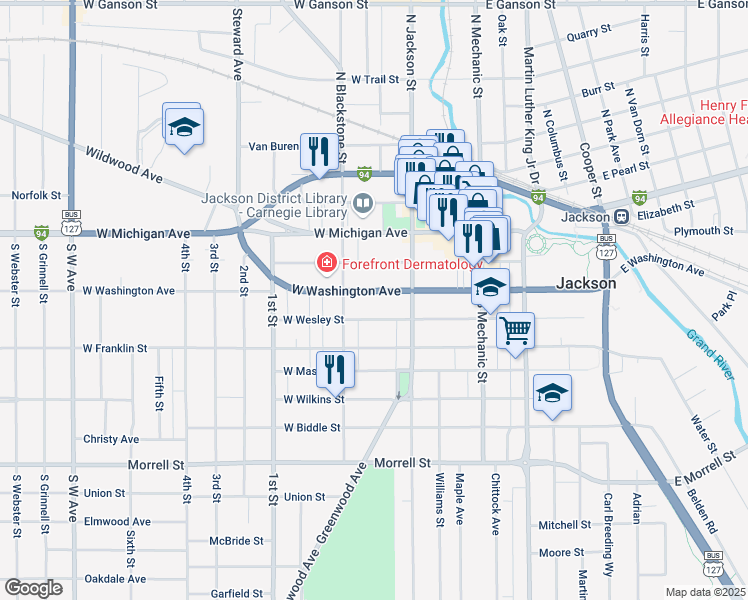 map of restaurants, bars, coffee shops, grocery stores, and more near 232 West Washington Avenue in Jackson