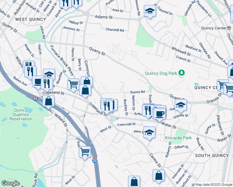 map of restaurants, bars, coffee shops, grocery stores, and more near 105 Suomi Road in Quincy