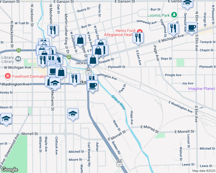 map of restaurants, bars, coffee shops, grocery stores, and more near 505 Hupp Avenue in Jackson