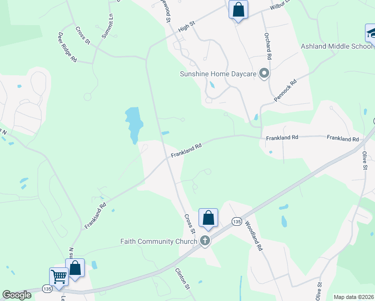 map of restaurants, bars, coffee shops, grocery stores, and more near Frankland Road in Hopkinton
