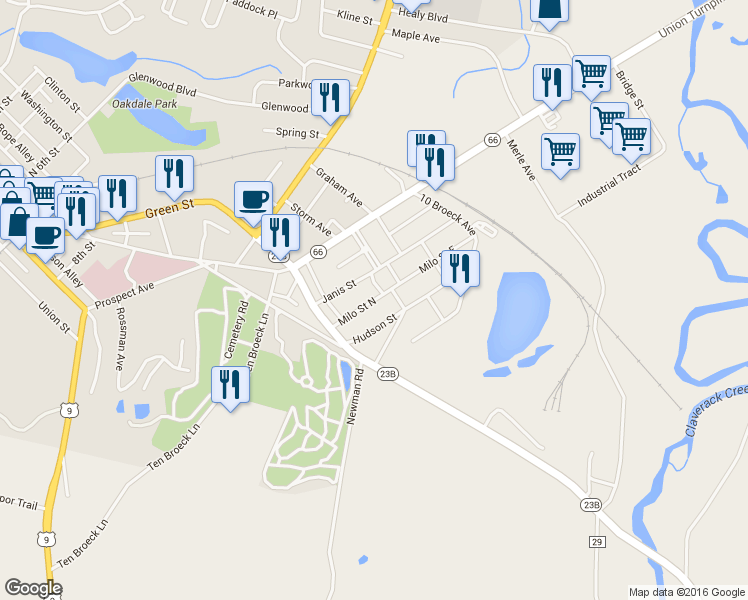 map of restaurants, bars, coffee shops, grocery stores, and more near 85 Milo St in Hudson