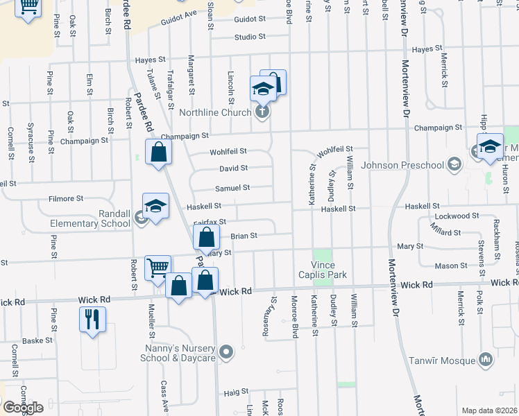map of restaurants, bars, coffee shops, grocery stores, and more near 8530 Roosevelt Street in Taylor
