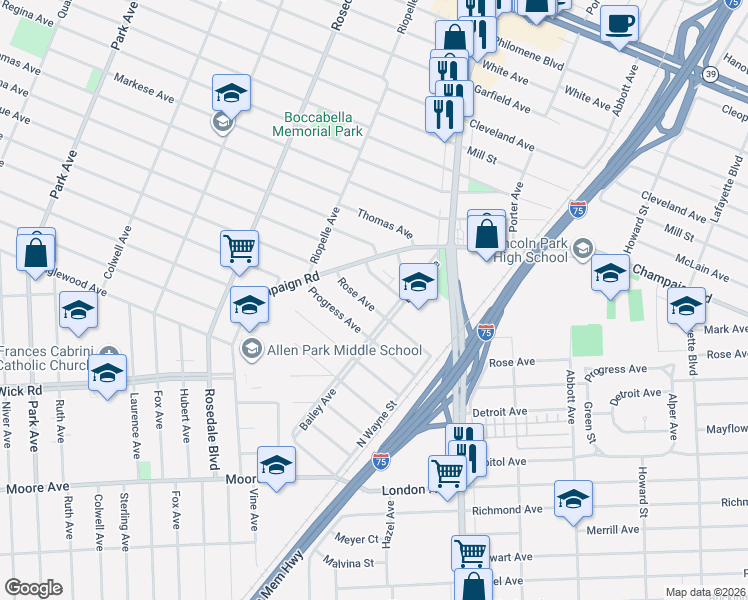 map of restaurants, bars, coffee shops, grocery stores, and more near 2274 Rose Avenue in Lincoln Park