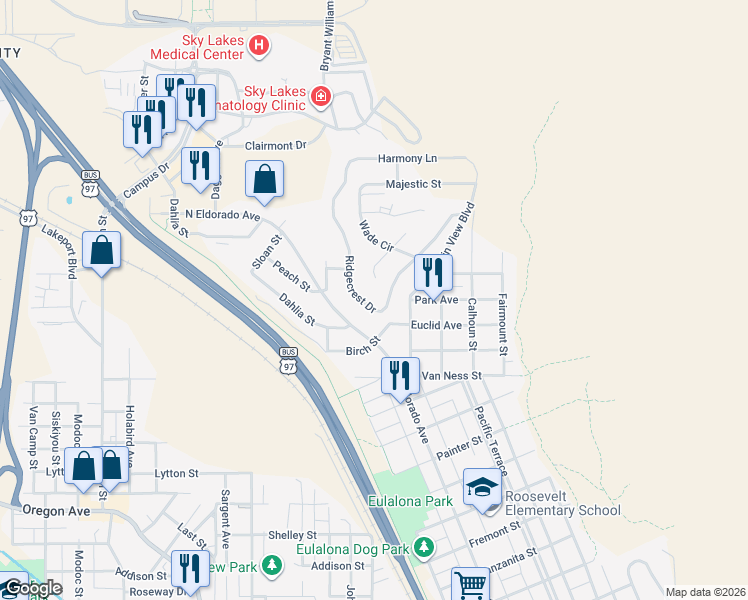 map of restaurants, bars, coffee shops, grocery stores, and more near 1521 Ridgecrest Drive in Klamath Falls