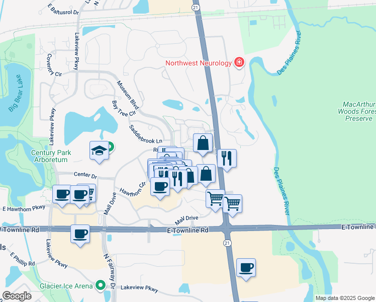 map of restaurants, bars, coffee shops, grocery stores, and more near 496 East Ring Drive in Vernon Hills