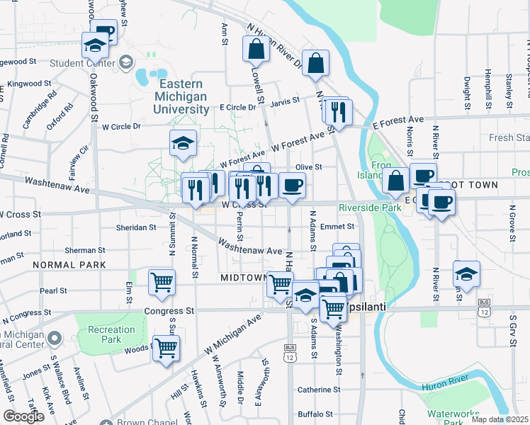 map of restaurants, bars, coffee shops, grocery stores, and more near 500 West Cross Street in Ypsilanti