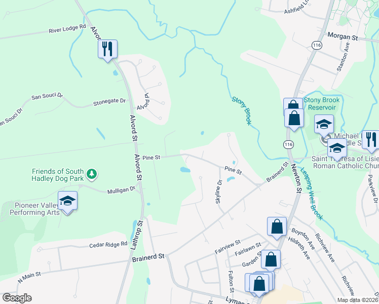 map of restaurants, bars, coffee shops, grocery stores, and more near 77 Pine Street in South Hadley