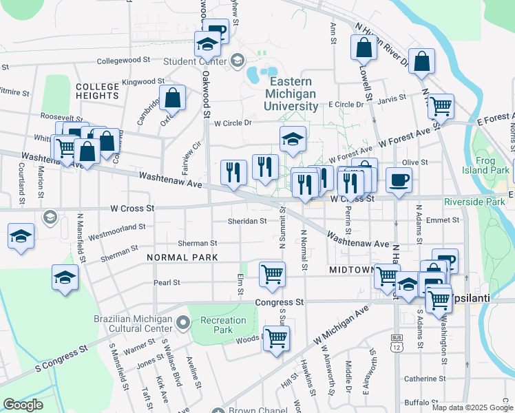 map of restaurants, bars, coffee shops, grocery stores, and more near 898 West Cross Street in Ypsilanti