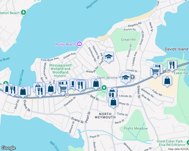map of restaurants, bars, coffee shops, grocery stores, and more near 62 Pilgrim Road in Weymouth