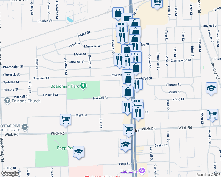 map of restaurants, bars, coffee shops, grocery stores, and more near 24268 Haskell Street in Taylor