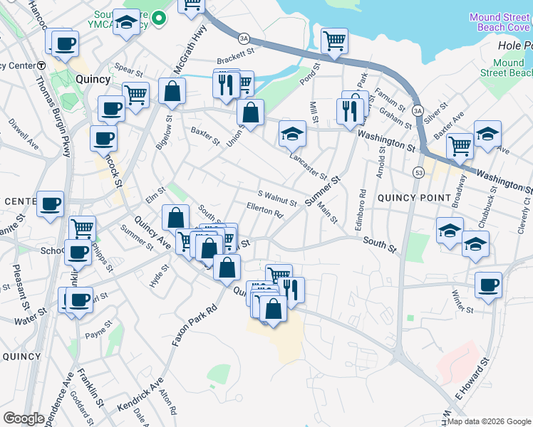 map of restaurants, bars, coffee shops, grocery stores, and more near 115 South Walnut Street in Quincy