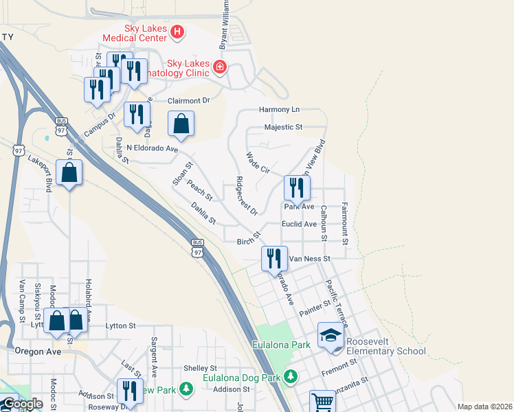 map of restaurants, bars, coffee shops, grocery stores, and more near 1521 Ridgecrest Drive in Klamath Falls
