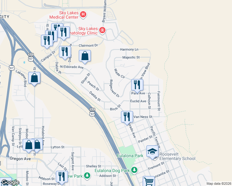 map of restaurants, bars, coffee shops, grocery stores, and more near 1521 Ridgecrest Drive in Klamath Falls