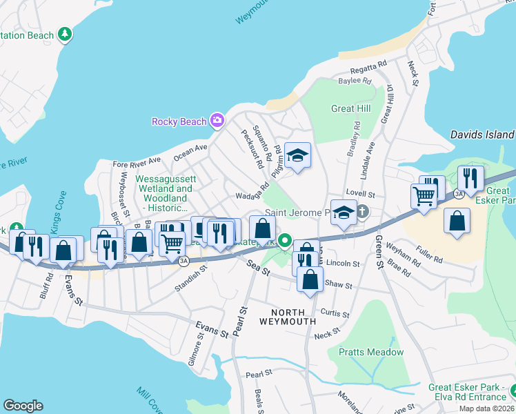 map of restaurants, bars, coffee shops, grocery stores, and more near 62 Pilgrim Road in Weymouth