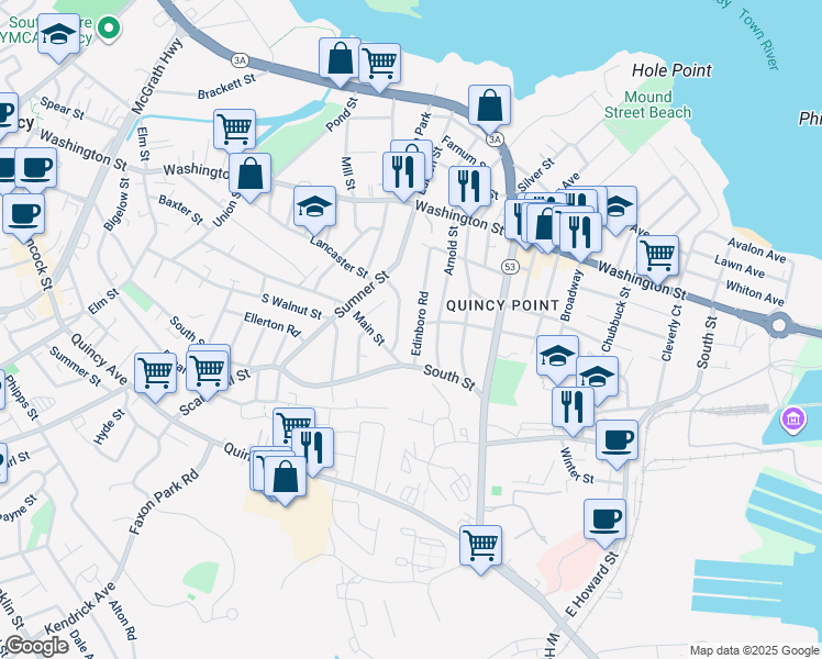 map of restaurants, bars, coffee shops, grocery stores, and more near 49 Edinboro Road in Quincy
