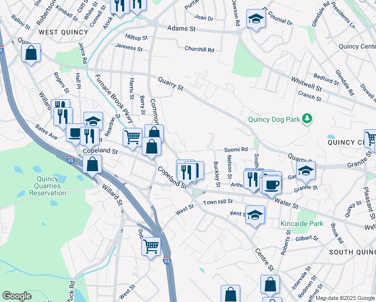 map of restaurants, bars, coffee shops, grocery stores, and more near 130 Suomi Road in Quincy
