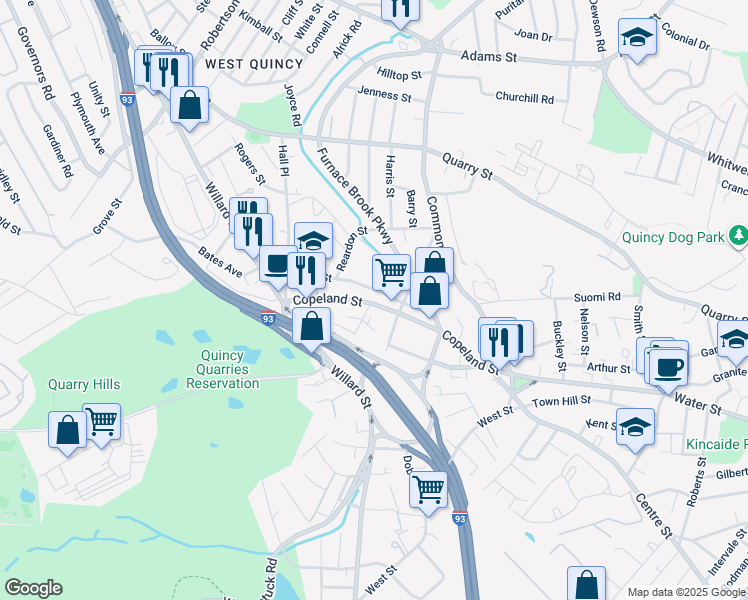 map of restaurants, bars, coffee shops, grocery stores, and more near 85 Crescent Street in Quincy