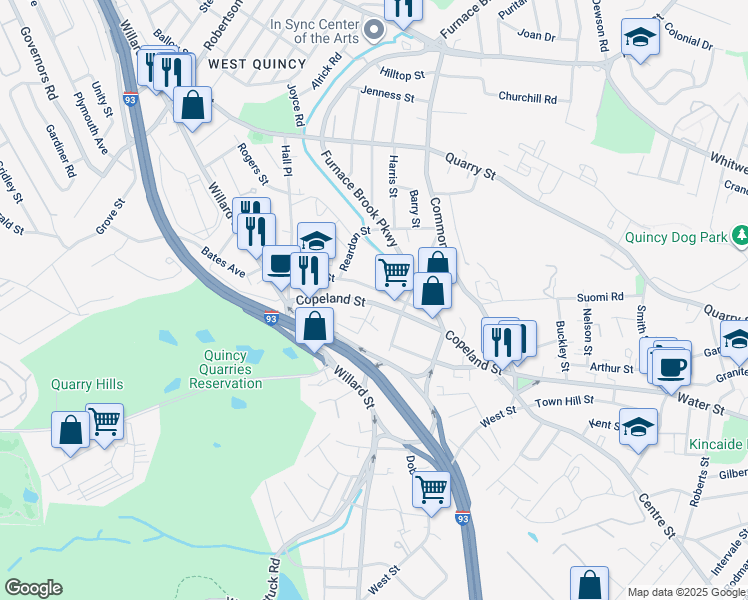 map of restaurants, bars, coffee shops, grocery stores, and more near 85 Crescent Street in Quincy