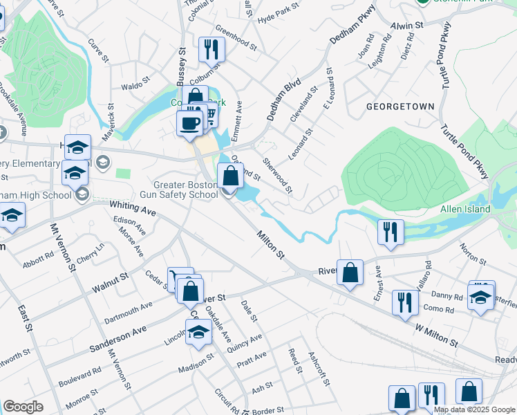 map of restaurants, bars, coffee shops, grocery stores, and more near 8 North Stone Mill Drive in Dedham
