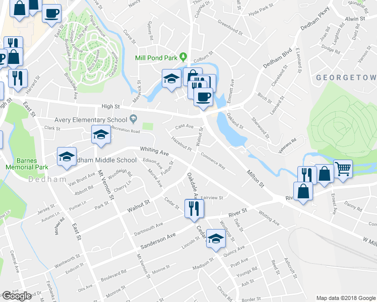 map of restaurants, bars, coffee shops, grocery stores, and more near 70 Macomber Terrace in Dedham
