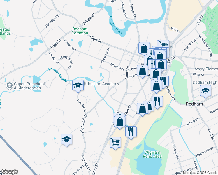 map of restaurants, bars, coffee shops, grocery stores, and more near 41 Highland Street in Dedham