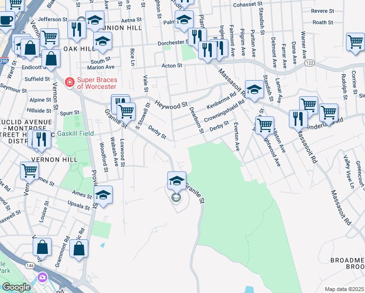 map of restaurants, bars, coffee shops, grocery stores, and more near 61 Derby Street in Worcester