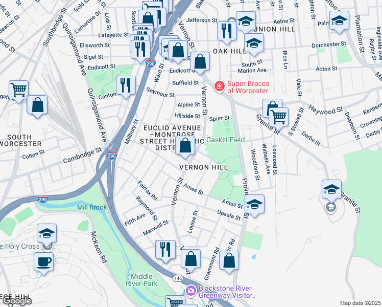 map of restaurants, bars, coffee shops, grocery stores, and more near 5 Montrose Street in Worcester
