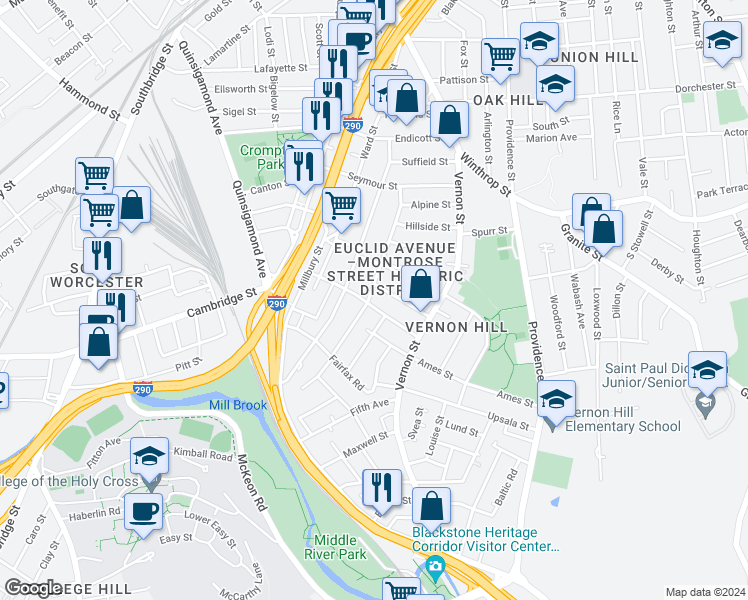 map of restaurants, bars, coffee shops, grocery stores, and more near 123 Perry Avenue in Worcester