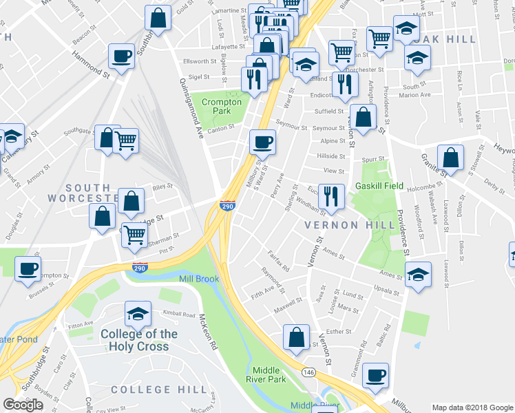 map of restaurants, bars, coffee shops, grocery stores, and more near 24 Harlem Street in Worcester