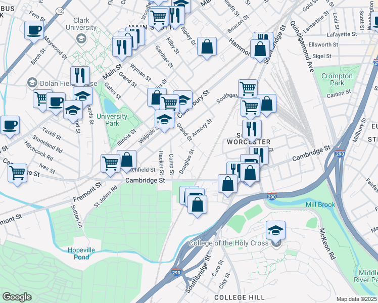 map of restaurants, bars, coffee shops, grocery stores, and more near 154 Grand Street in Worcester