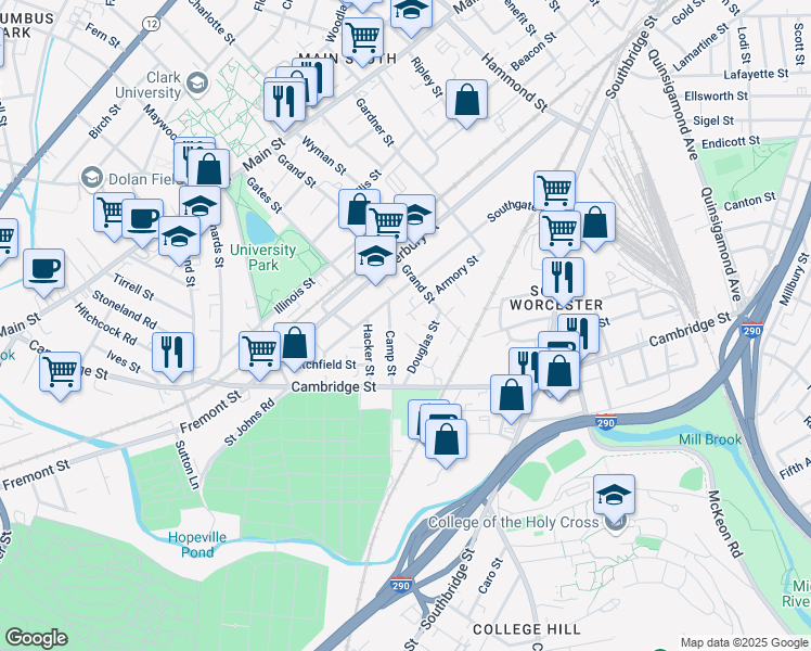 map of restaurants, bars, coffee shops, grocery stores, and more near 89 Southgate Street in Worcester