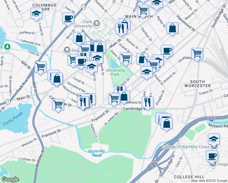 map of restaurants, bars, coffee shops, grocery stores, and more near 52 Crystal Street in Worcester